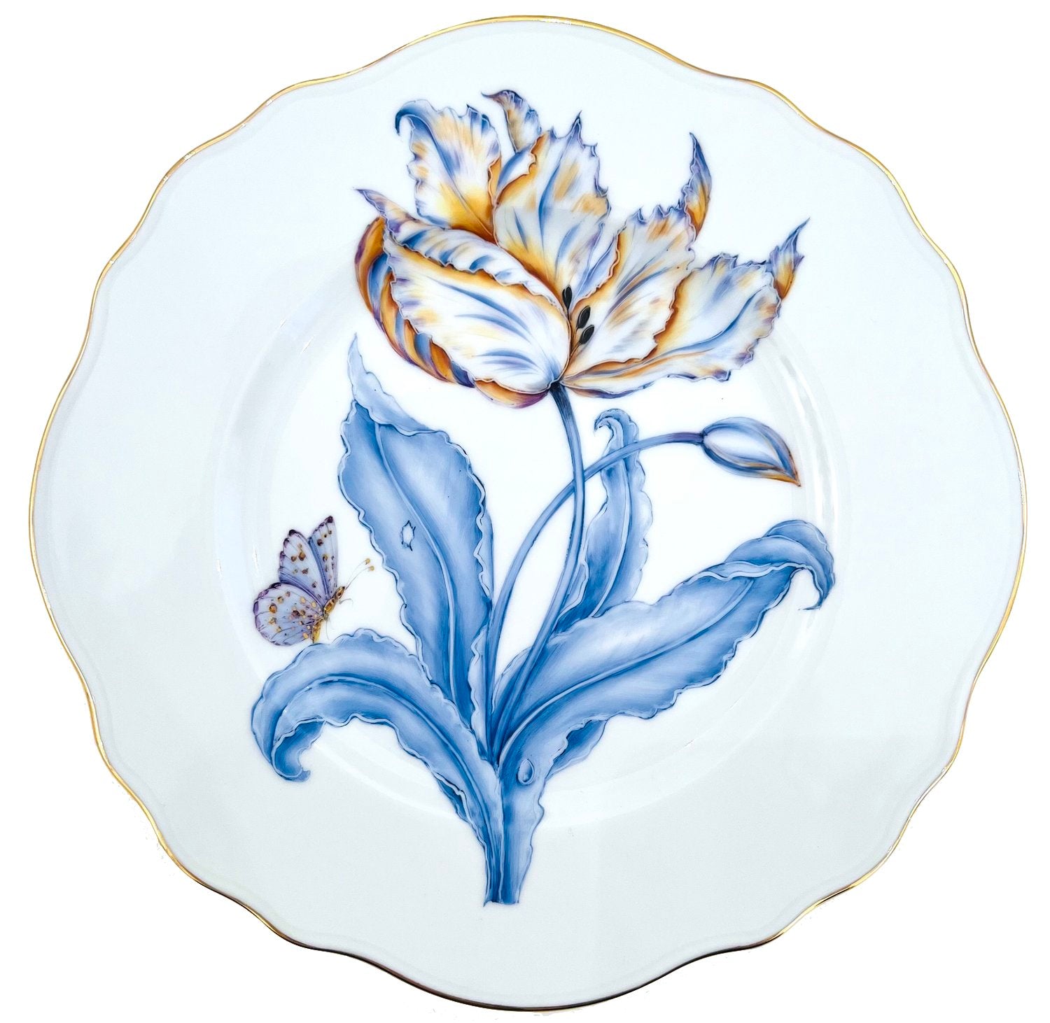 The Botanical Treasures Salad Plate VI by Anna Weatherley is a white porcelain plate adorned with a hand-painted yellow and blue tulip, blue leaves, a delicate butterfly, and finished with an elegant gold rim.