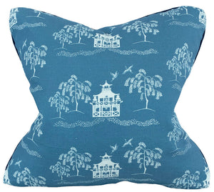 The Fall Pagoda Blue Pillow by Hive Custom Pillows features a blue background with white trees, pagodas, and birds, crafted from premium materials for comfort and style in your home.