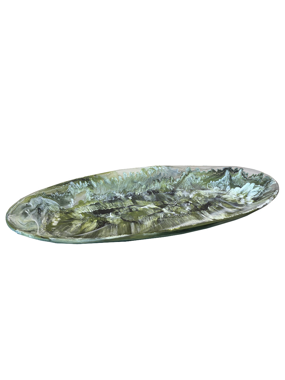 The Nashi Home Serveware Collection, Forest by Nashi Home features an elongated oval ceramic platter with a green, blue, and white marbled glaze—ideal for serving or as a striking decor accent.