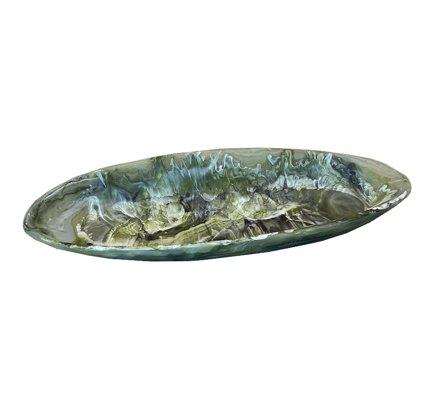 The Nashi Home Serveware Collection, Forest by Nashi Home features a green glazed ceramic oval platter with a textured, marbled surface—an elegant piece that enhances your home decor.