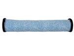 The Korallo Periwinkle Bolster Pillow by Hive Custom Pillows features a blue and white pattern with black rims, crafted from premium materials and photographed against a white background.
