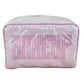 The Walker Valentine Small Milan Cosmetic Case features pink and white stripes with bold, raised "MAKEUP" lettering—a stylish, travel-friendly organizer for all your beauty essentials.