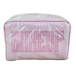 The Walker Valentine Small Milan Cosmetic Case features pink and white stripes with bold, raised "MAKEUP" lettering—a stylish, travel-friendly organizer for all your beauty essentials.