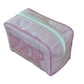 The Small Milan Cosmetic Case by Walker Valentine features light purple and white stripes, pink trim, and "MAKEUP" stitched in pink—an eye-catching zippered organizer ideal for travel.