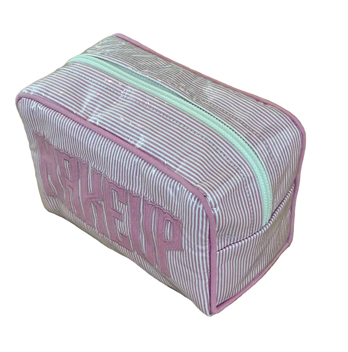 The Small Milan Cosmetic Case by Walker Valentine features light purple and white stripes, pink trim, and "MAKEUP" stitched in pink—an eye-catching zippered organizer ideal for travel.