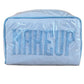 The Walker Valentine Small Milan Cosmetic Case features blue and white stripes and "MAKEUP" embroidered on the front—ideal for organizing your beauty essentials while traveling.