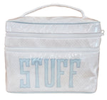 The Walton Travel Case, White Diamond "STUFF" by Walker Valentine is a white zippered organizer with a handle and bold light blue lettering—perfect for keeping your essentials stylishly packed.