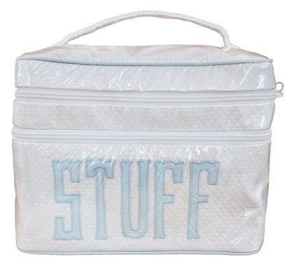The Walton Travel Case, White Diamond "STUFF" by Walker Valentine is a white zippered organizer with a handle and bold light blue lettering—perfect for keeping your essentials stylishly packed.