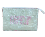 The Walker Valentine Large Helen Cosmetic Case, "MAKEUP", features green and white stripes with "MAKEUP" in bold pink letters—an ideal zippered pouch to organize your beauty essentials.