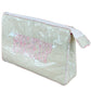 Keep your beauty essentials organized with the Walker Valentine Large Helen Cosmetic Case—"MAKEUP" in bold pink letters on a light green and white striped rectangular bag with pink trim and zippered closure.