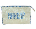 The Walker Valentine Large Helen Cosmetic Case features a rectangular shape, zipper closure, vertical stripes, and "MAKEUP" in blue patterned letters on the front—perfect for organizing your beauty essentials.