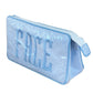 The Walker Valentine Small Helen Cosmetic Case, "FACE" features light blue and white stripes, bold "FACE" embroidery, and a zippered pouch—perfect as a travel cosmetic or makeup bag.