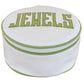 The Walker Valentine Jewelry Roll, "JEWELS," is a round white pouch with green trim and "JEWELS" embroidered on the lid—perfect as a compact travel jewelry organizer for stylish storage on the go.