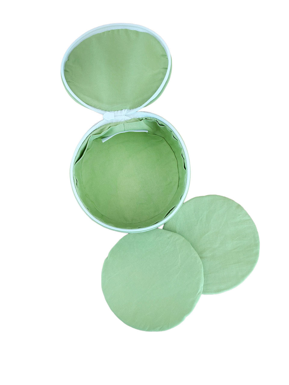 A round, open green Walker Valentine "JEWELS" Jewelry Roll with three matching green reusable pads displayed beside it on a white background.