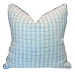The Hive Custom Pillows Ovals Pillow features a light blue and white circular pattern with blue water cord trim, displayed against a plain white background.
