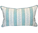 The Andalus Mineral Lumbar Pillow by Hive Custom Pillows features blue and white stripes with small floral designs and piped edges, crafted from premium materials to bring elegance to your space.