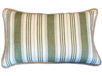 The Tasca Stripe Pillow with Burlap Cord Trim by Hive Custom Pillows features green and white vertical stripes and tan braided trim, expertly crafted from premium materials.