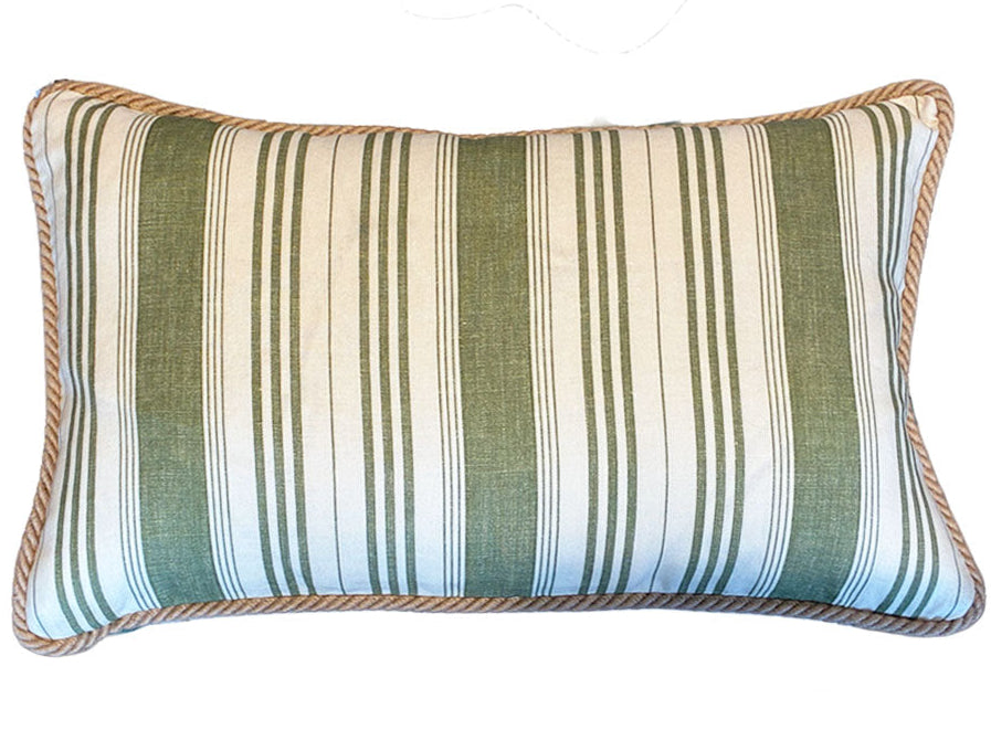 The Tasca Stripe Pillow with Burlap Cord Trim by Hive Custom Pillows features green and white vertical stripes and tan braided trim, expertly crafted from premium materials.