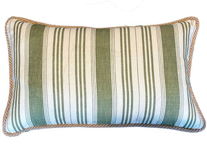 The Tasca Stripe Pillow with Burlap Cord Trim by Hive Custom Pillows features green and white vertical stripes and tan braided trim, expertly crafted from premium materials.