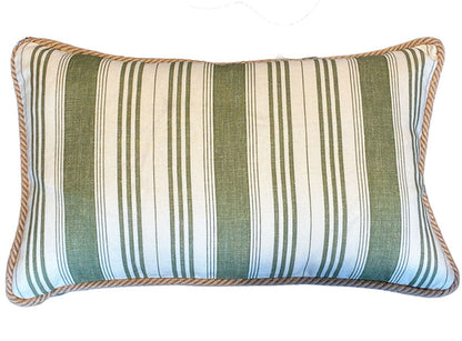 The Tasca Stripe Pillow with Burlap Cord Trim by Hive Custom Pillows features green and white vertical stripes and tan braided trim, expertly crafted from premium materials.
