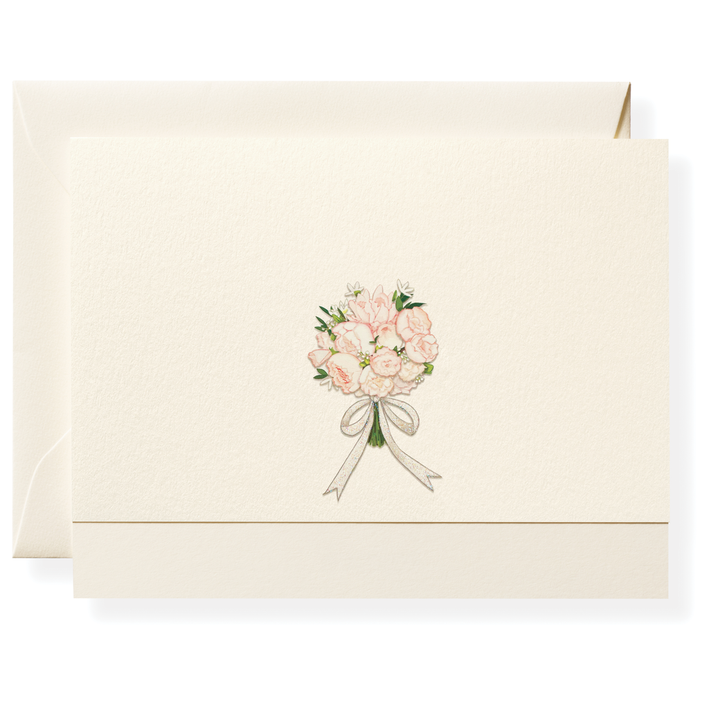 The Karen Adams Just Married Card Set includes natural white note cards with matching envelopes, each featuring a small bouquet of pink flowers tied with a ribbon—an elegant, hand-embellished choice for gifting.