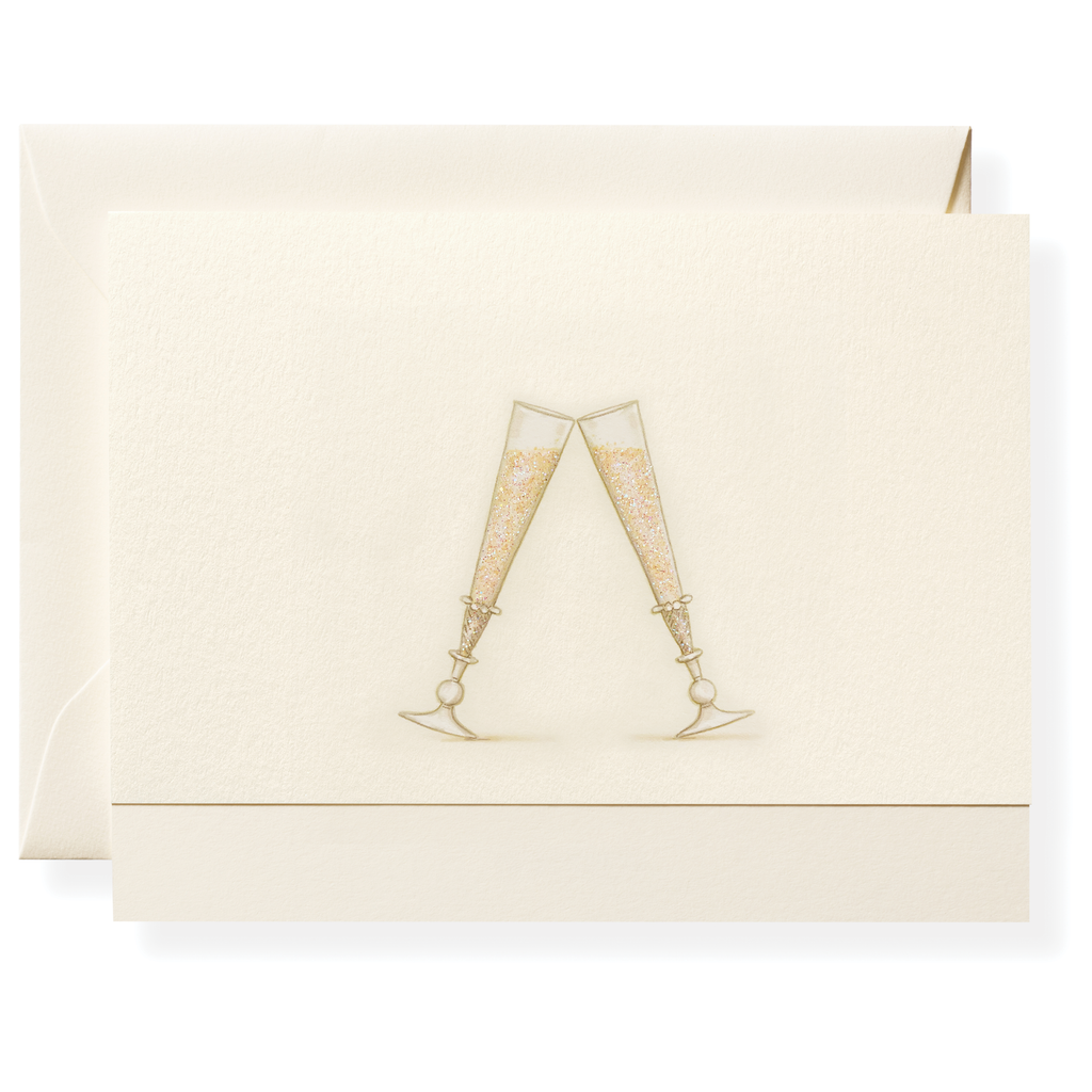 The Karen Adams Just Married Card Set includes a hand-embellished, cream card with embossed champagne glasses and a matching envelope—a perfect natural white note card for a thoughtful hostess gift.