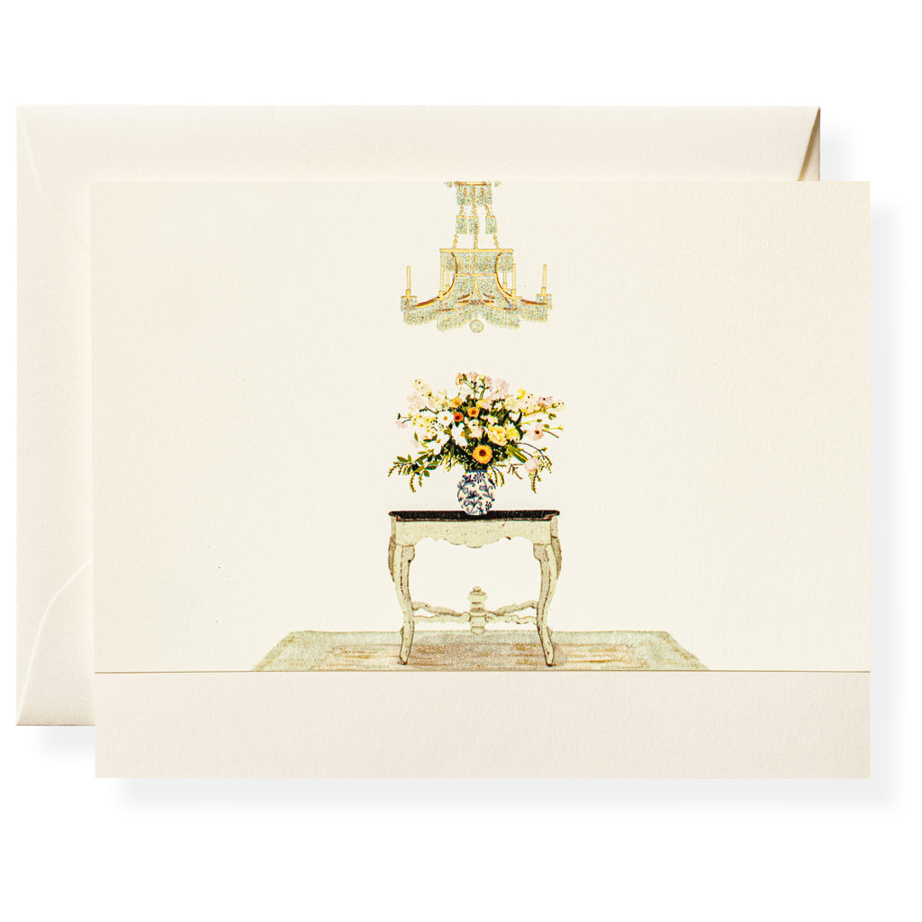The Dolce Vita Card Set by Karen Adams features hand-embellished illustrations of floral arrangements with chandeliers, and includes envelopes—an elegant hostess gift or addition to your natural white note card collection.