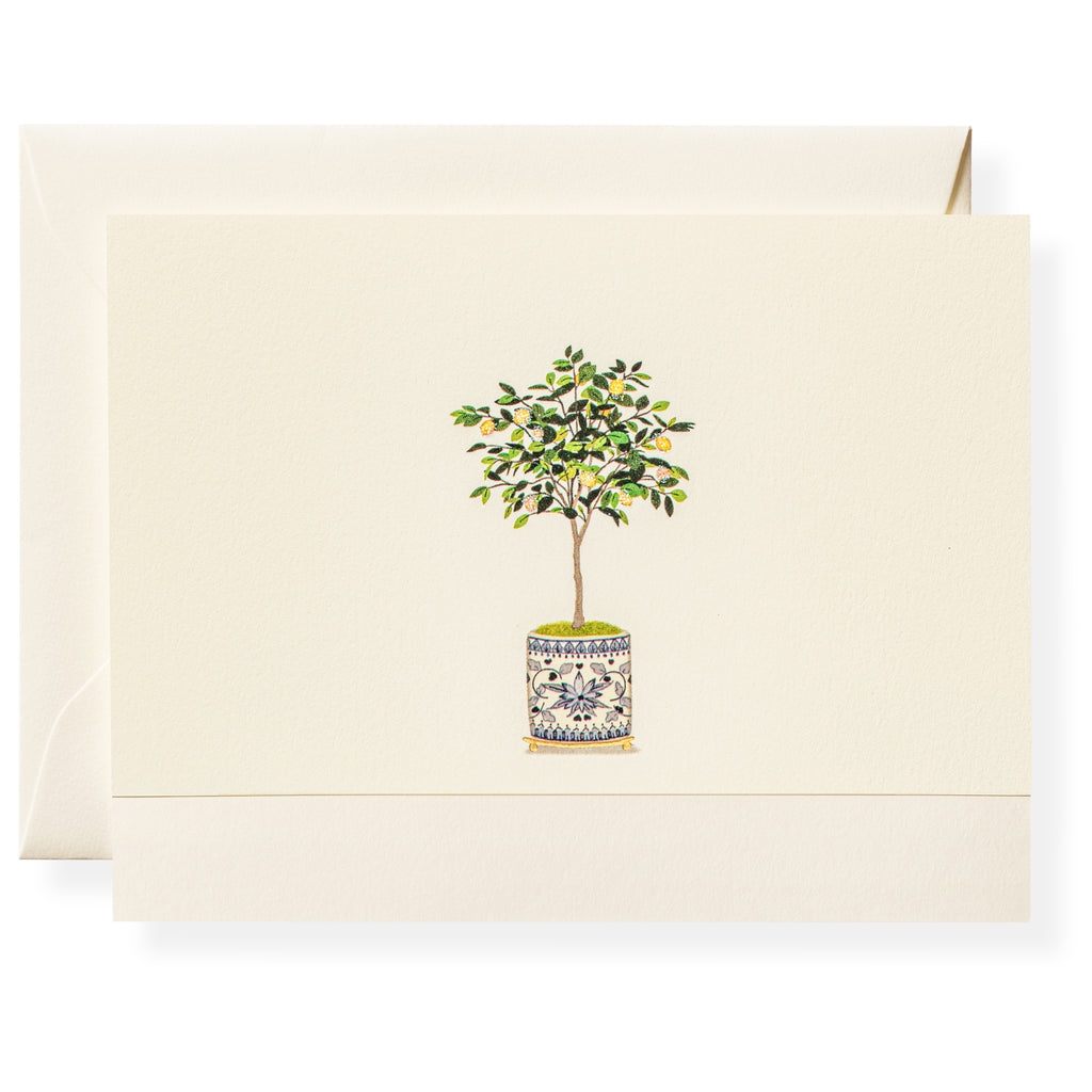 The Dolce Vita Card Set by Karen Adams features cream-colored note cards with a potted lemon tree in a blue and white planter, paired with matching envelopes—making it a charming hostess gift.