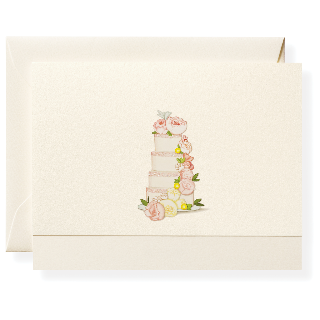 The Just Married Card Set by Karen Adams features an ivory, hand-embellished card and envelope with a white tiered cake adorned with pink flowers and green leaves—an ideal hostess gift.