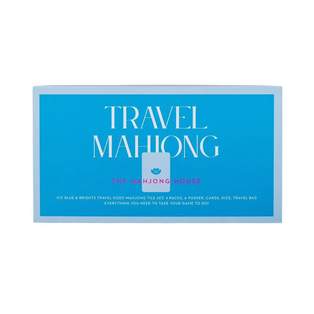 Rectangular blue box labeled "Travel Mahjong Set" by The Mahjong House with white text and smaller print below—ideal for travel, featuring lightweight mahjong tiles for easy portability.