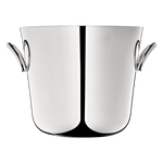 A Christofle Vertigo Ice Bucket, silver plated with two side handles and crafted in stainless steel, is showcased against a plain background.