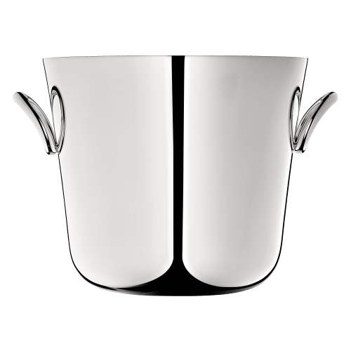 A Christofle Vertigo Ice Bucket, silver plated with two side handles and crafted in stainless steel, is showcased against a plain background.