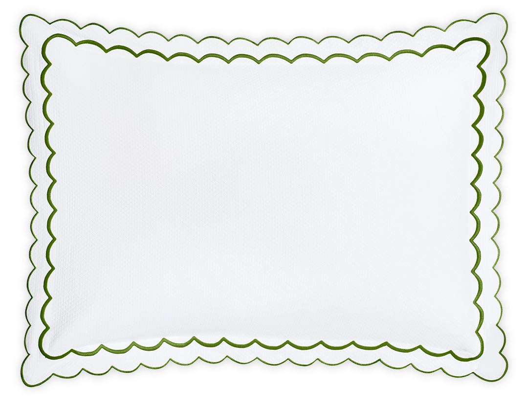 The India Pique Bedding Collection in Grass by Matouk features a white rectangular cotton blend pillowcase with green double-scallop embroidery along the edges, shown on a plain background.