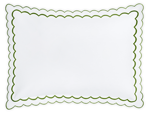 The India Pique Bedding Collection in Grass by Matouk features a white rectangular cotton blend pillowcase with green double-scallop embroidery along the edges, shown on a plain background.