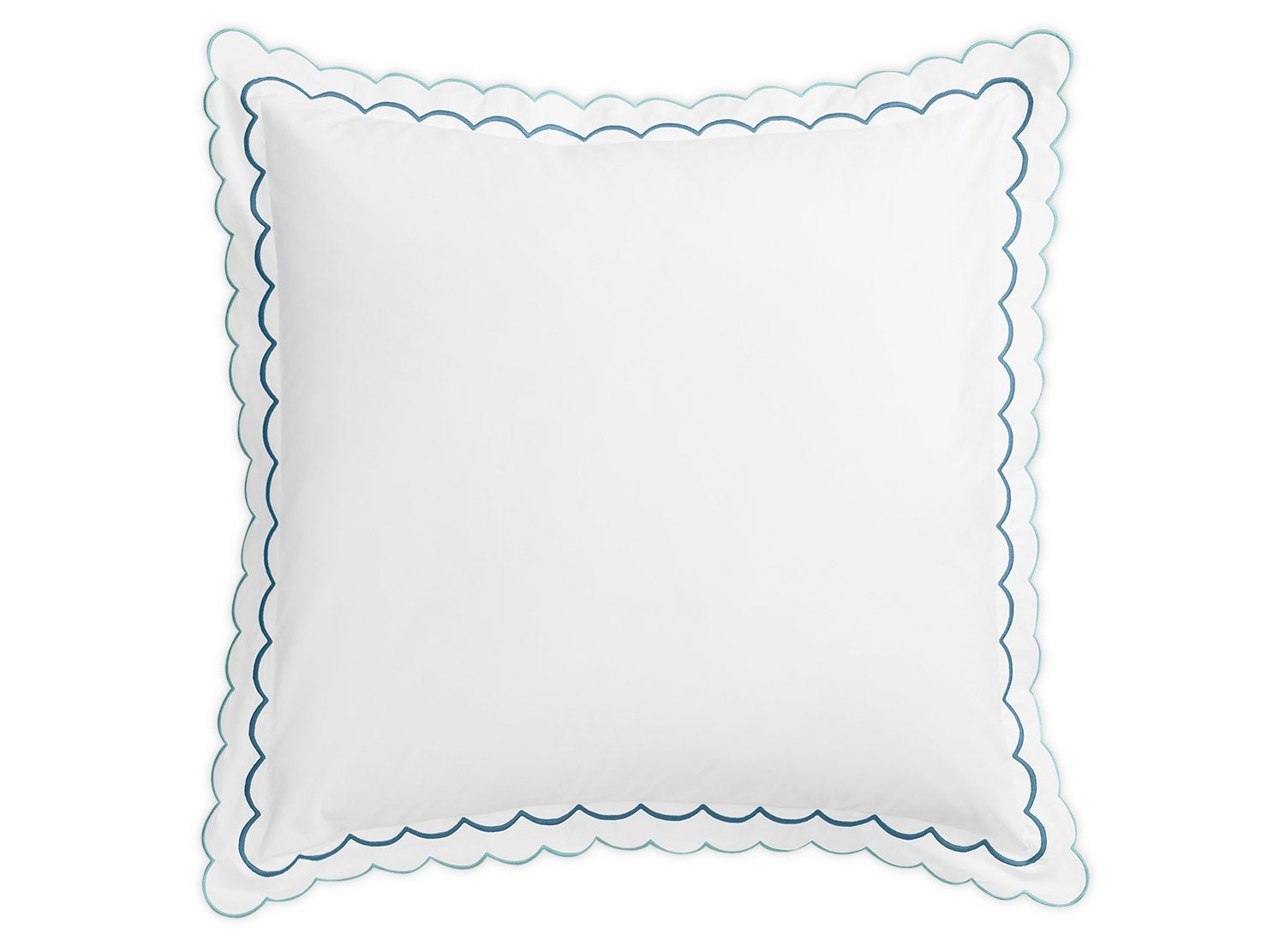 The India Bedding Collection, Cerulean by Matouk features a white square pillow with light blue scalloped edges and an extra blue border, made from soft cotton percale and OEKO-TEX Standard 100 certified.