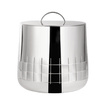 The Christofle Graphik Insulated Ice Bucket is a double-walled stainless steel bucket with lid and handle, featuring a geometric grid pattern near the base.
