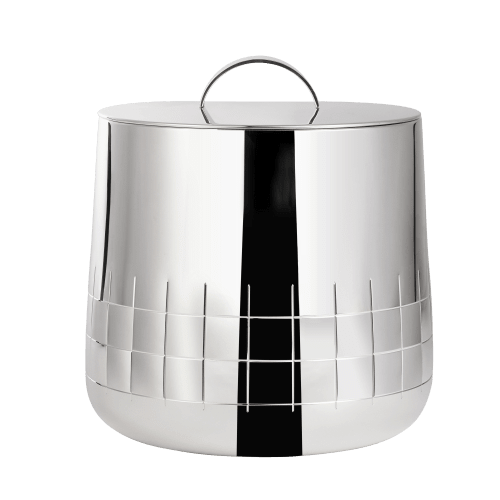 The Christofle Graphik Insulated Ice Bucket features a double insulated design to keep ice cold for hours, an elegant checkered pattern near the base for sophistication, and includes a lid and handle for easy handling and style.