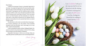The Easter edition features a two-page spread with colorful eggs, white tulips, and a Bible verse from Isaiah 61:10. Inspired by Jesus Calling For Easter from Thomas Nelson with devotions and Sarah Young's signature.