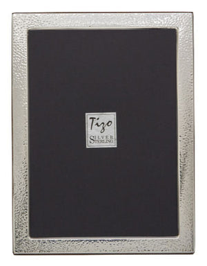 The Italian Sterling Silver New Hammered Frame Collection by Tizo Design features a rectangular frame with a textured, tarnish-resistant 925 silver border and a black placeholder displaying "Tizo Silver Sterling" in the center.