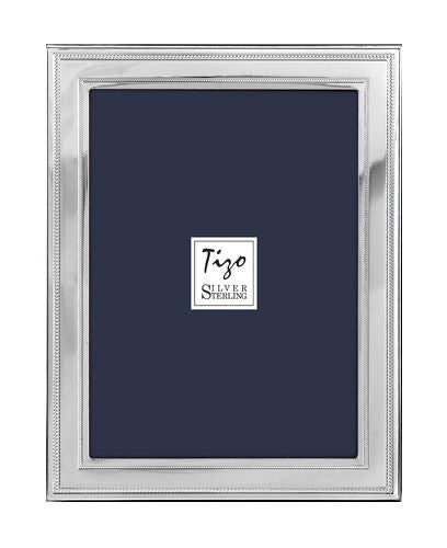 The Flat Double Bead Border Sterling Silver Frame Collection by Tizo Design features a tarnish-resistant rectangular silver frame with a simple, polished border—a refined accent for any room.