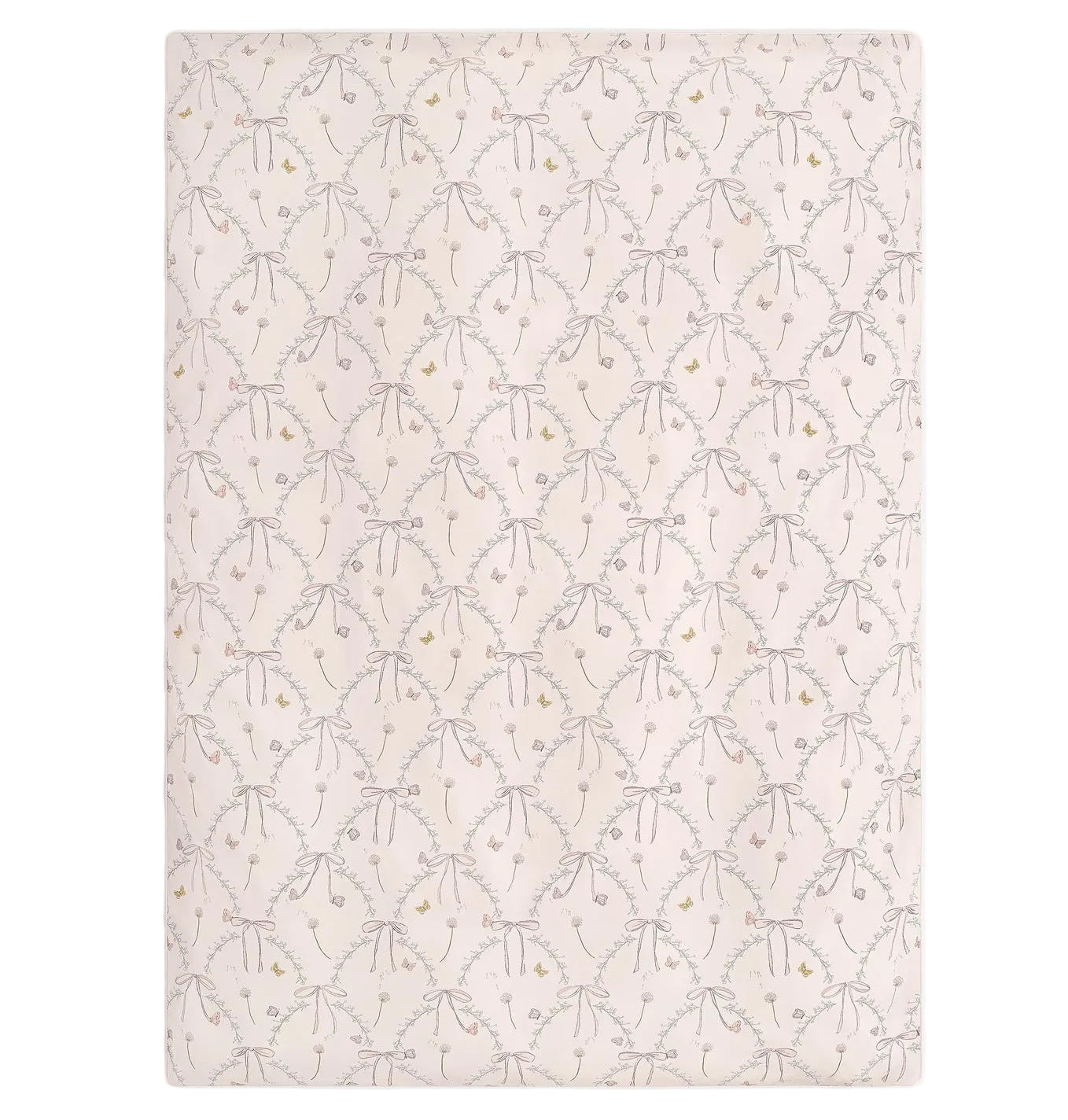 The Gooselings Bows & Butterfly Kisses Toddler Duvet features a pale pink background with grey bows and yellow dots, making it perfect for a cozy nursery.