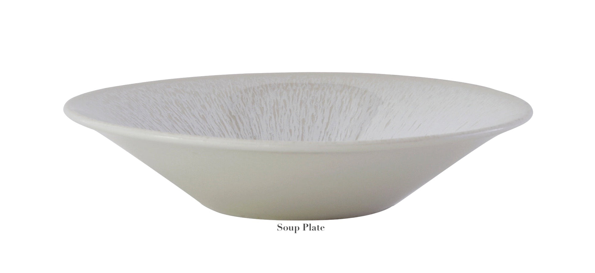 The Jars Vuelta White Pearl Collection soup plate features a textured interior and elegant perle glaze, shown against a plain background.