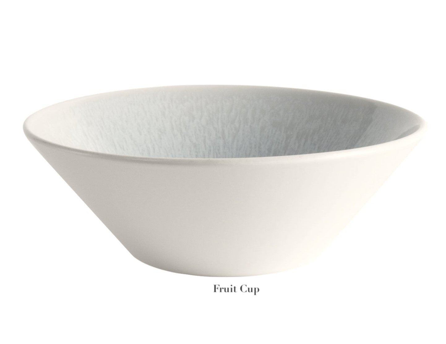 The Vuelta White Pearl Collection by Jars features a plain white ceramic bowl with a wide rim, narrow base, elegant perle glaze, and "Fruit Cup" labeled underneath.