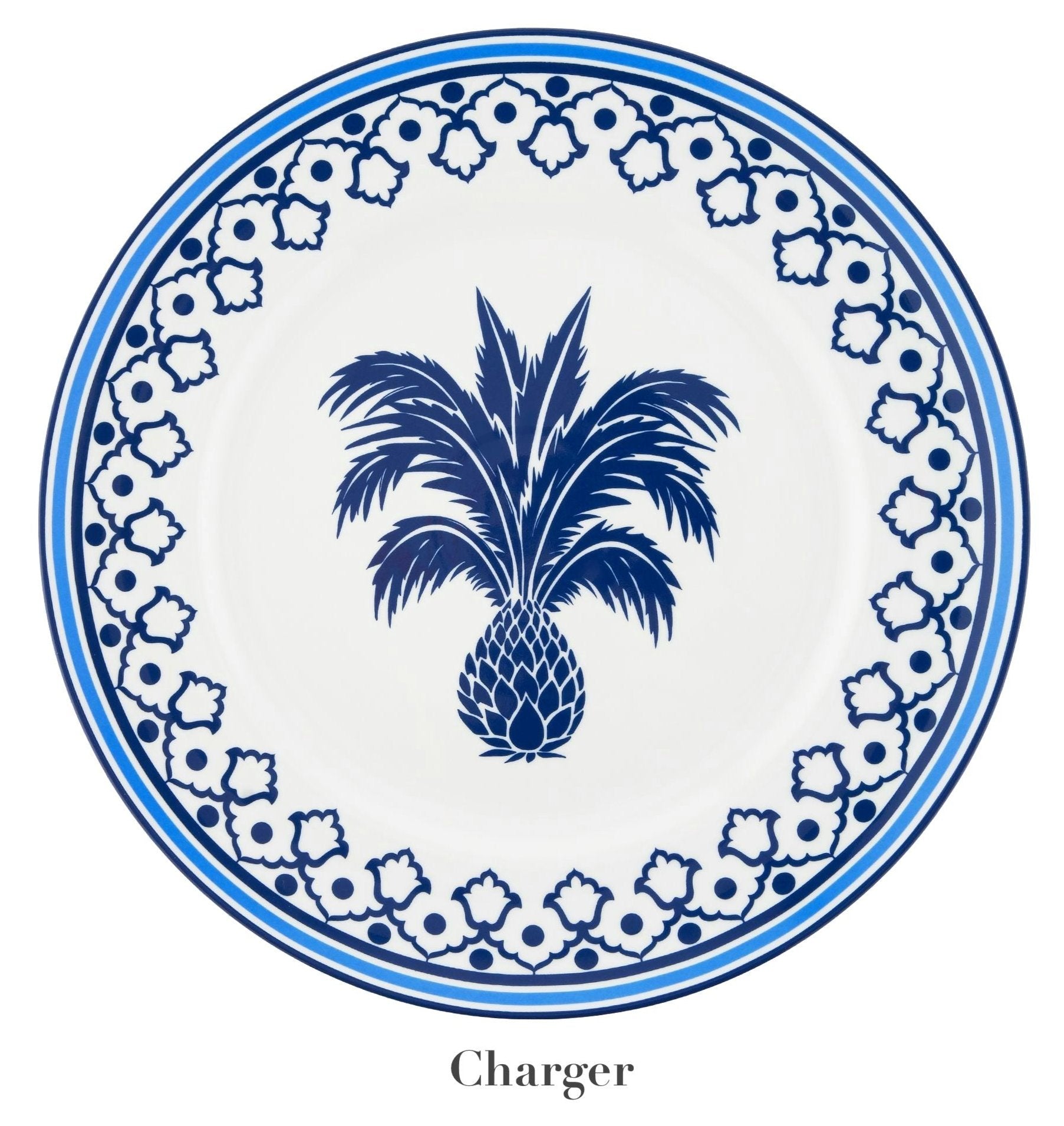 The Jaipur Blue Dinnerware Collection by Aquazzura Casa features a white porcelain charger plate with a handcrafted blue border, central pineapple motif, and "Charger" label beneath the plate.