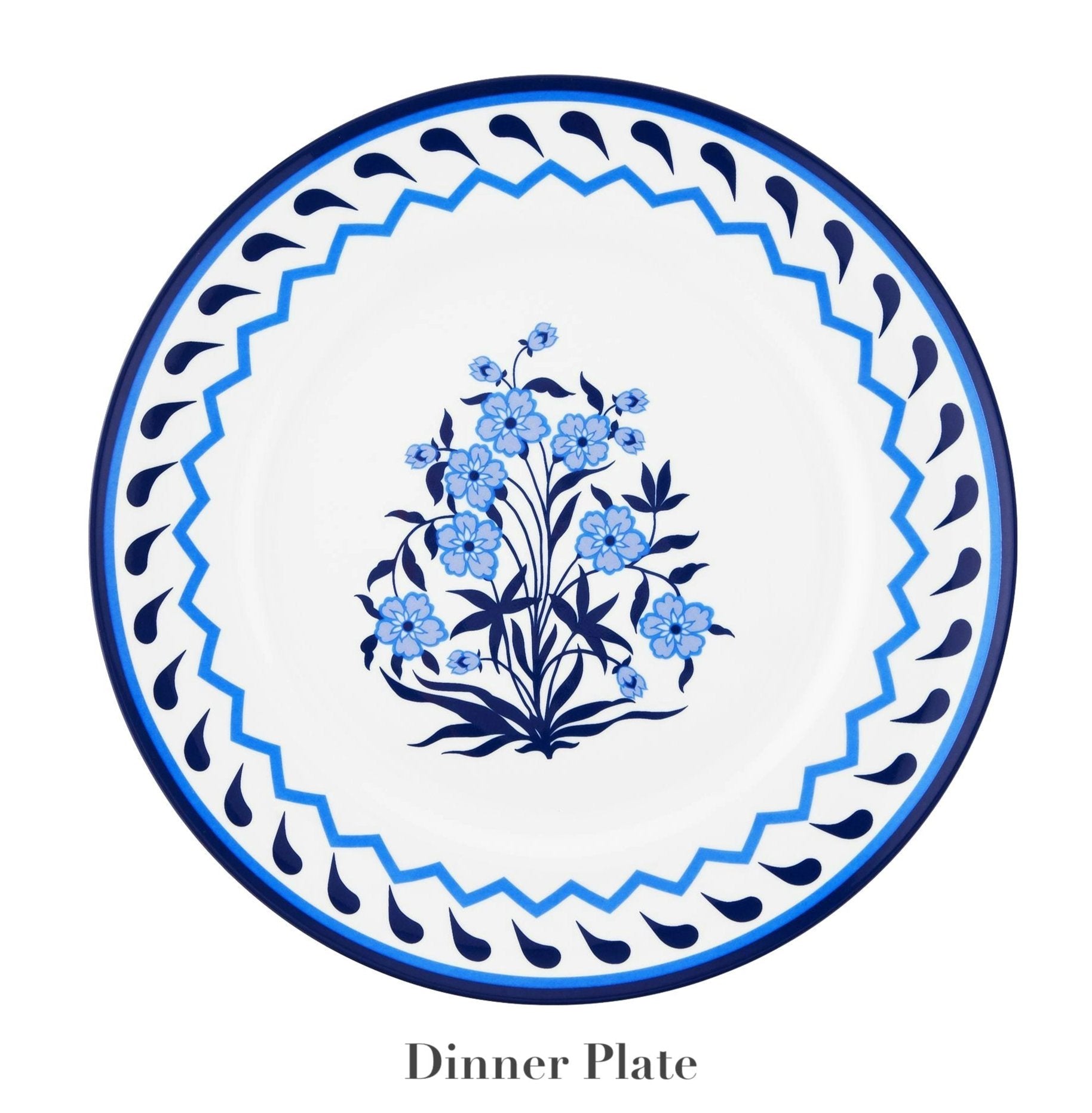 A round white dinner plate from Aquazzura Casa's Jaipur Blue Dinnerware Collection, handcrafted in fine porcelain with a blue floral center and geometric border pattern.