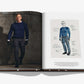 Open book from the Assouline James Bond Trilogy with Slipcase, featuring a photo of a man in a blue sweater and tactical pants on the left and a sketched costume design with notes on the right—ideal for James Bond coffee table collections.