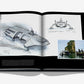 Open book from Assouline's "James Bond Cars" shows concept sketches of a futuristic 007-inspired boat and a photo of the boat by a rocky island, all set on a plain white background.