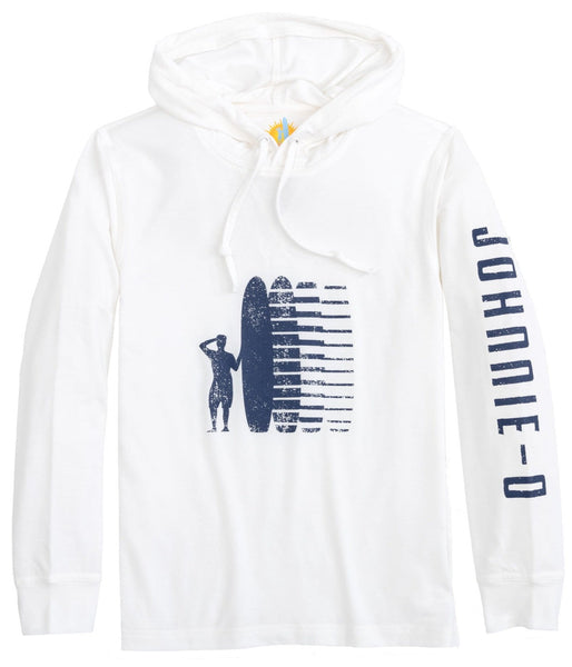 Johnnie-O Boys' Arden Jr. Hoodie featuring a graphic print of a deer silhouette and vertical blue stripes, with the word "johnnie d" on the right sleeve, and designed with UPF 50 sun protection.