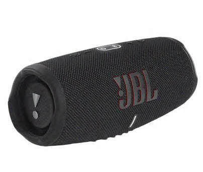 A black JBL Charge 5 Waterproof Bluetooth Speaker with a cylindrical shape and textured exterior. Featuring JBL Pro Sound, it's waterproof and showcases the JBL logo prominently on the side.