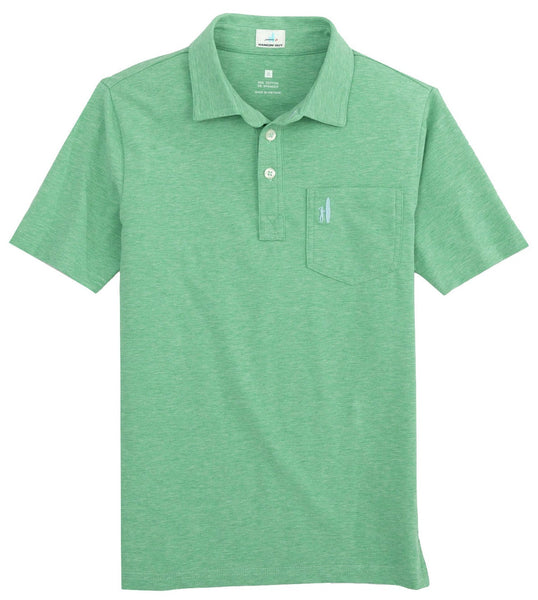 Heathered hues Johnnie-O Boys' Heathered Original Jr. Polo shirt with a collar, short sleeves, and a small logo on the chest pocket, displayed on a plain background.